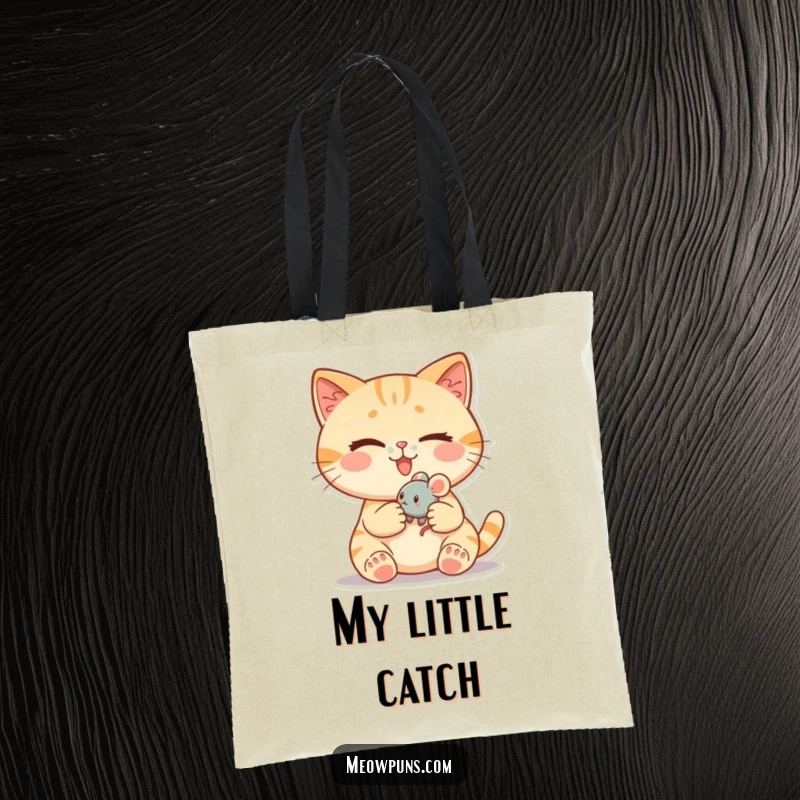 Funny cat tote bag depicting a cute cat winking slyly while holding a tiny, rolling toy mouse, perfect for errands.