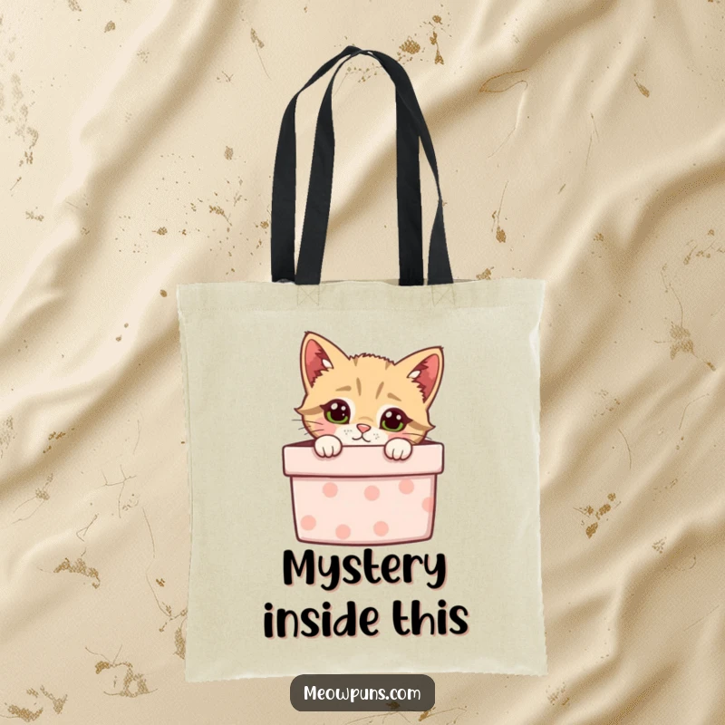 Funny tote bag with a curious cat peeking from a gift box, perfect for carrying essentials with humor.
