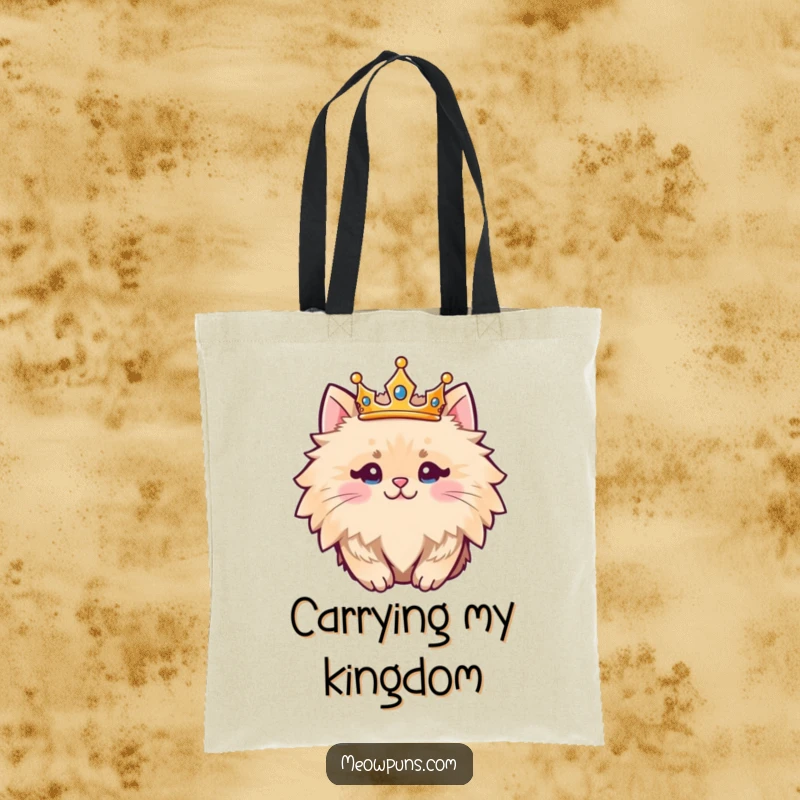 Funny fluffy cat character wearing a crown, printed on a durable tote bag for a humorous and regal carryall.