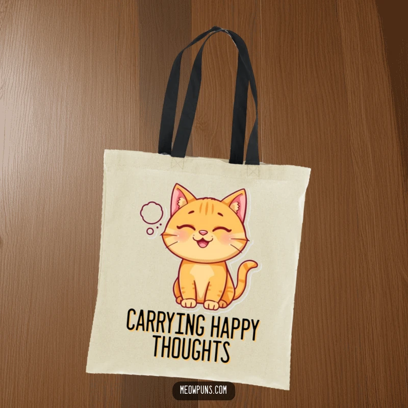 Funny Ginger Cat Tote Bag, a happy ginger cat has a tiny thought bubble, carrying cheerful thoughts.