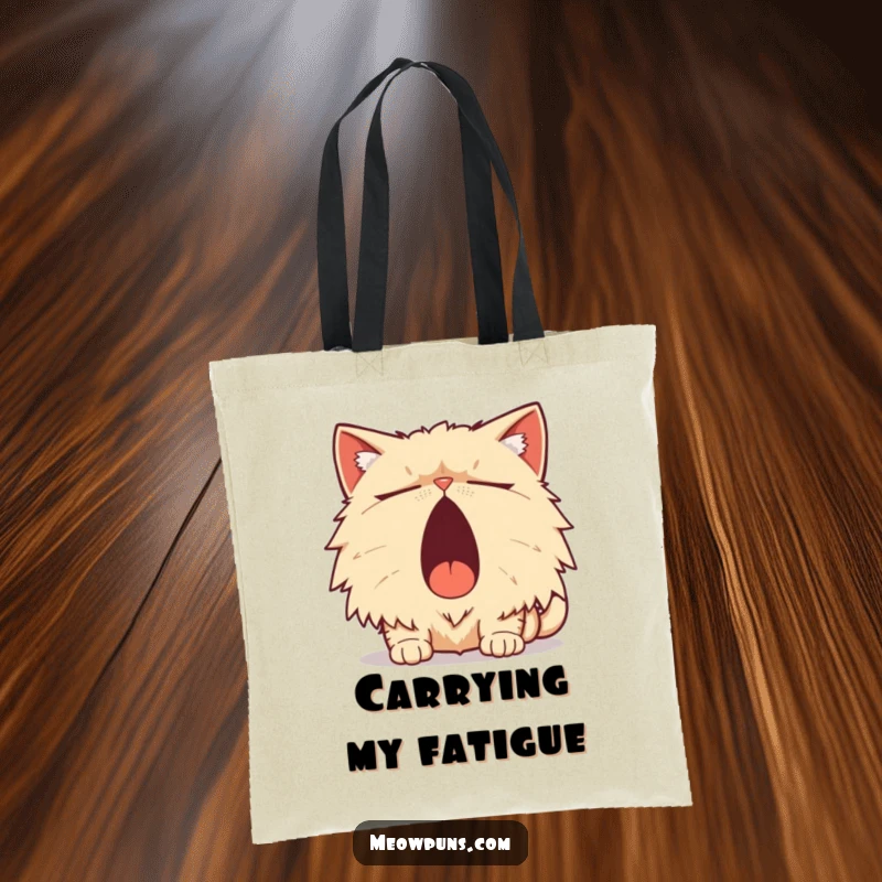 Funny Persian Cat Tote Bag, a sleepy Persian cat yawns widely with a pun, for humorous carrying.
