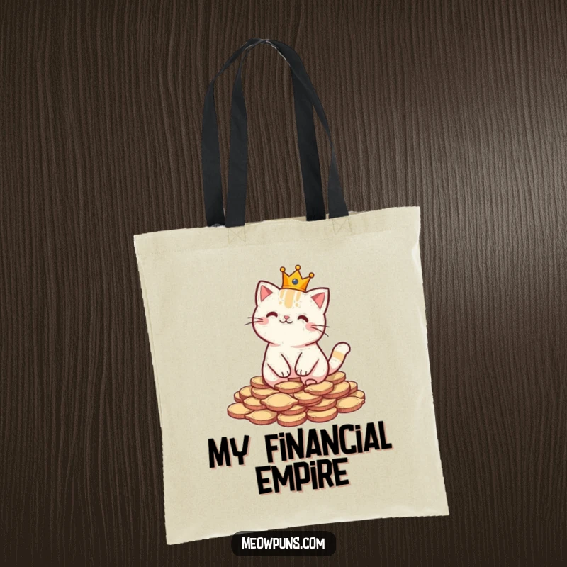 Funny tote bag with a cat wearing a crown on fish-shaped coins, perfect for carrying essentials with feline flair.