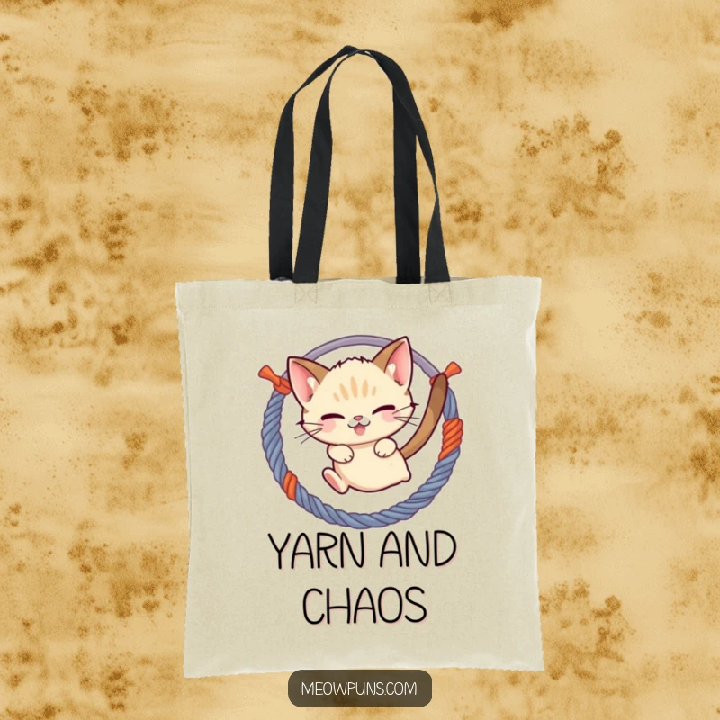Funny mischievous Siamese cat jumping through a hoop of yarn, on a durable tote bag, showcasing its agility and playful nature.